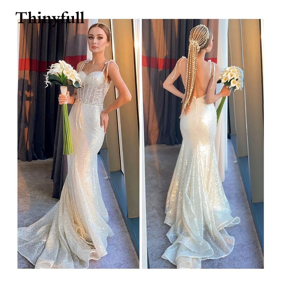 

Bling Glitter Long Boho Wedding Dresses Sparkly Spaghetti Mermaid Beach Bridal Gowns Pleated Sleeveless Country Bride Dress