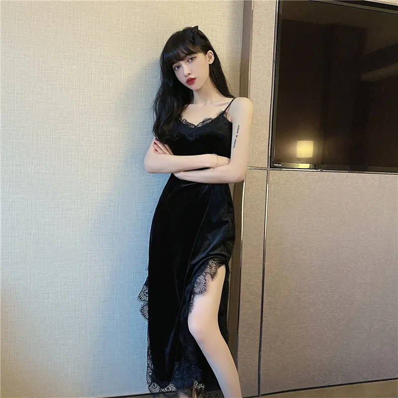 Купи Sexy Women Lace Sling Long Dress Sleeveless V-neck Split Velvet Black Party Woman Dress Vestido Feminino за 792 рублей в магазине AliExpress