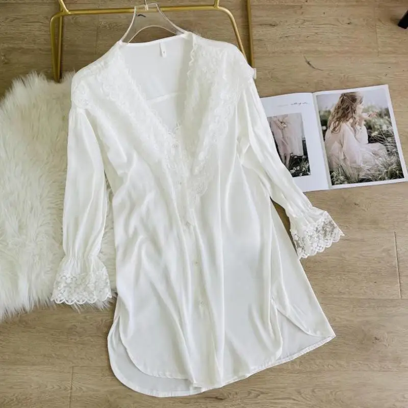 

White Palace Style Princess Nightdress Sleepwear Sweet Lace Trim V-neck Nightgown Spring Summer Silk Rayon Sleepshirt Home Dress