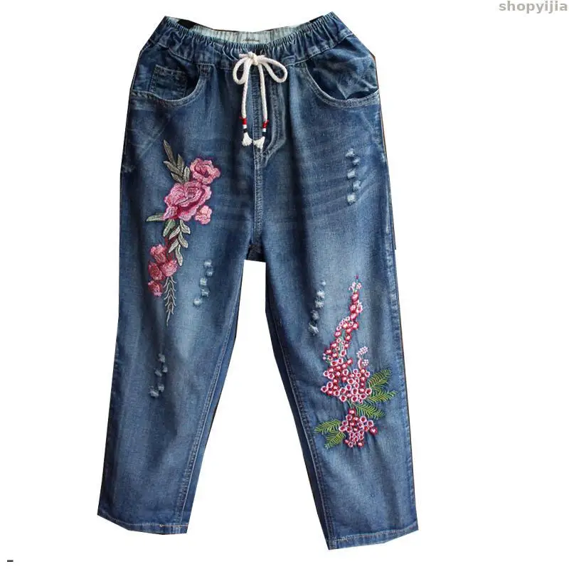 Свободные джинсы с цветочным принтом Новинка женские брюки вышитыми буквами