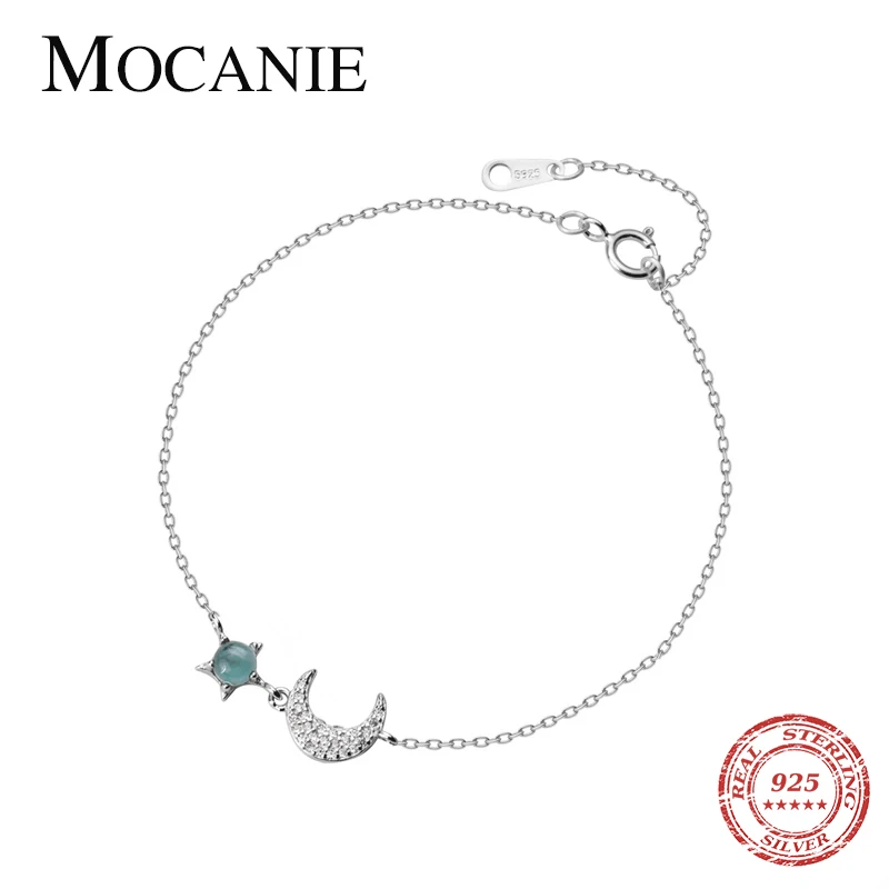 

Mocanie Real 925 Sterling Silver Blue Crystal Star Shining CZ Crescent Bracelet for Women Link Chain Fine Jewelry Birthday Gift