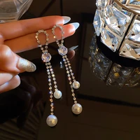 vintage fashion luxury crystal long earring for women elegant pearl dangle earrings wedding party jewelry gifts 2021