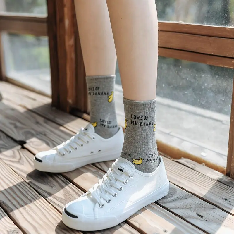 5 pairs Cartoon Cotton Socks Avocado Strawberry Banana Cherry Street Skate Sox Pink White Ankle Short Funny Women Boat Socks