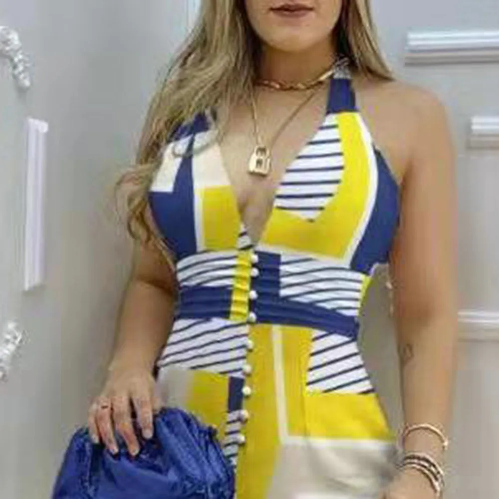 

Europe America 2021 Fashion Printing Jumpsuit Summer New Sexy V-neck Backless High Waist Oversize African Casual Loose