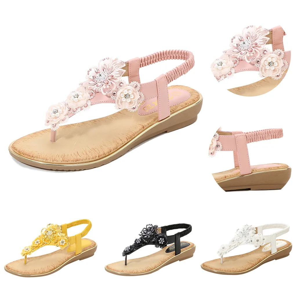 Летние женские туфли с цветком и жемчугом Женские богемные Вьетнамки Сандалии на