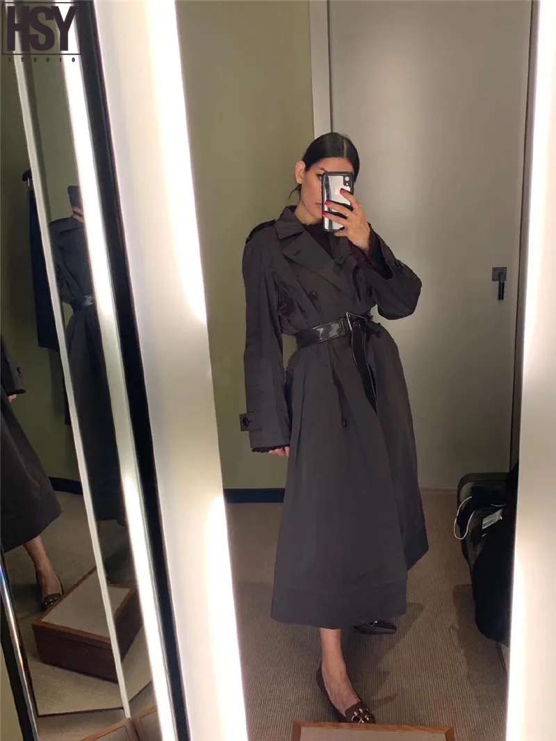 【HSY】 Осень Зима Новая женская ветровка верхняя одежда с эффектом памяти атласная ткань пояс Талия Тонкий нагрудный двубортный длинный плащ