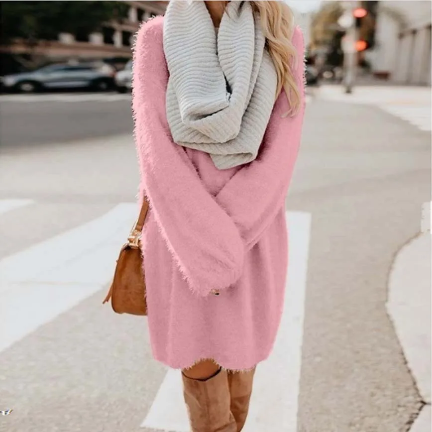 

2021 Autumn/Spring Women Clothing Hot Women's Mid-length Long-sleeved Round Neck Loose Plush Dress