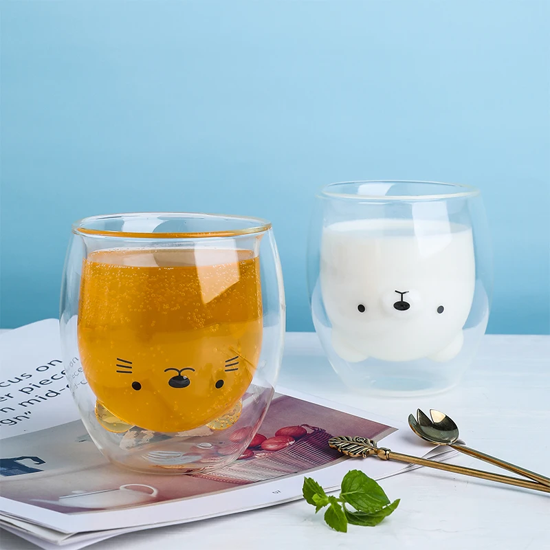 Креативная двухслойная кофейная кружка с милым медведем котом стеклянная чашка