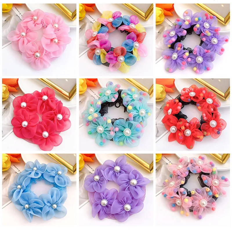 

3/2/1 Pcs/Set Children Sweet Flower Hairdresser Scrunchie Hairnet Girls Dance Ballet Show Pearl Hair net Fashion Accessory