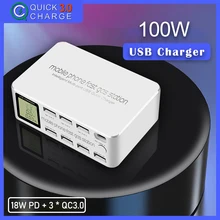 100W Smart Multi Charging Station 8 Ports 3 Type C 1 PD Fast Charging For Mobile Phone  Multi USB Charger Dock Station With LCD