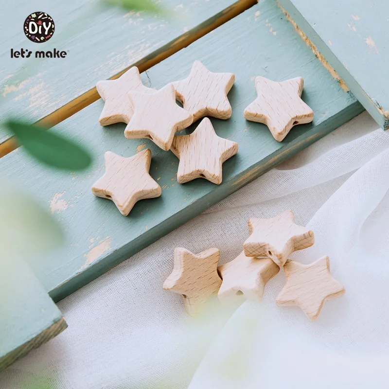 

Let's Make Wood Teether 50Pcs Star Shape Wooden Beads Bpa Free Teething Toys Diy Pacifier Chain Beech Wood Bead Baby Teethers