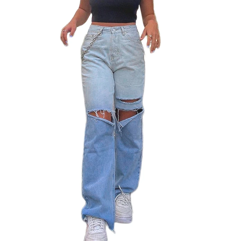 

Women High Waist Gradient Blue Color Jeans Ripped Distressed Hole Denim Pants Harajuku Hip Hop Straight Loose Trousers