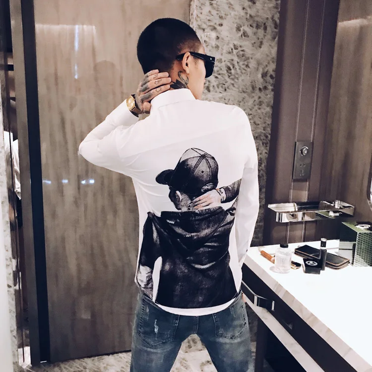 Осенняя мужская рубашка с принтом Camisa Hombre Повседневная приталенная рубашка Мужская Уличная рубашка Camisas Hombre черный смокинг для ночного клуба