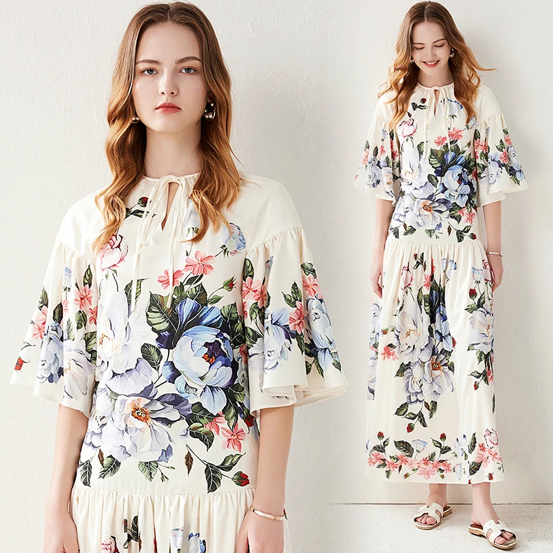 

Make 402 # early autumn fashion wind palace posed v-neck dress belt positioning printed horn sleeve dress
