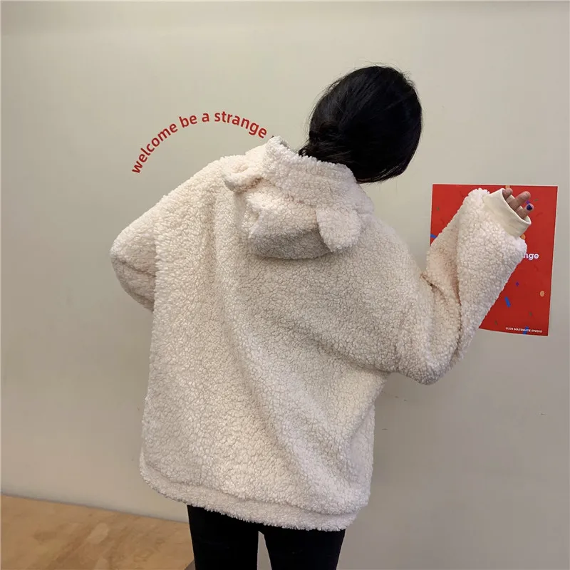 

Winter Warm Female Faux Fur Lambswool Teddy Coats Hooded Women's Loose Casual Outerwear Clothing Ladies Artificial Short Jacket