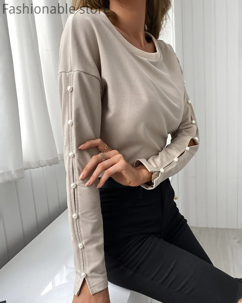 

Women Tops Casual Solid Color O-Neck Beaded Basic Long Sleeve Tshirt