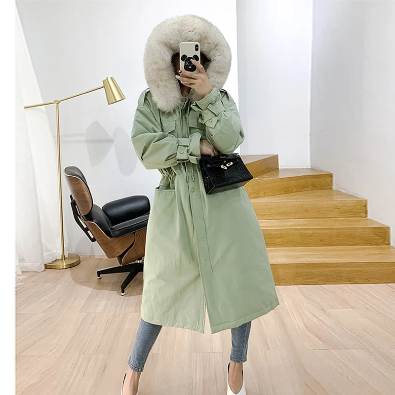 Женская длинная парка на утином пуху теплая куртка с капюшоном и воротником из