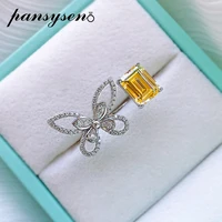 pansysen 100 925 silver rings for women butterfly emerald cut citrine diamond fine jewelry wedding engagement open finger ring