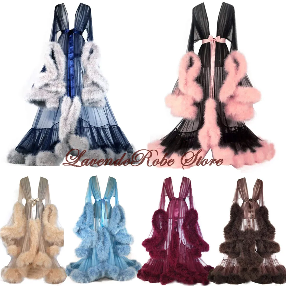 

Women's Feather Bathrobe Edge Tulle Illusion Long Lingerie Bridal Robe Wedding Scarf Pajamas Nightgown Maternity Dressing Gown