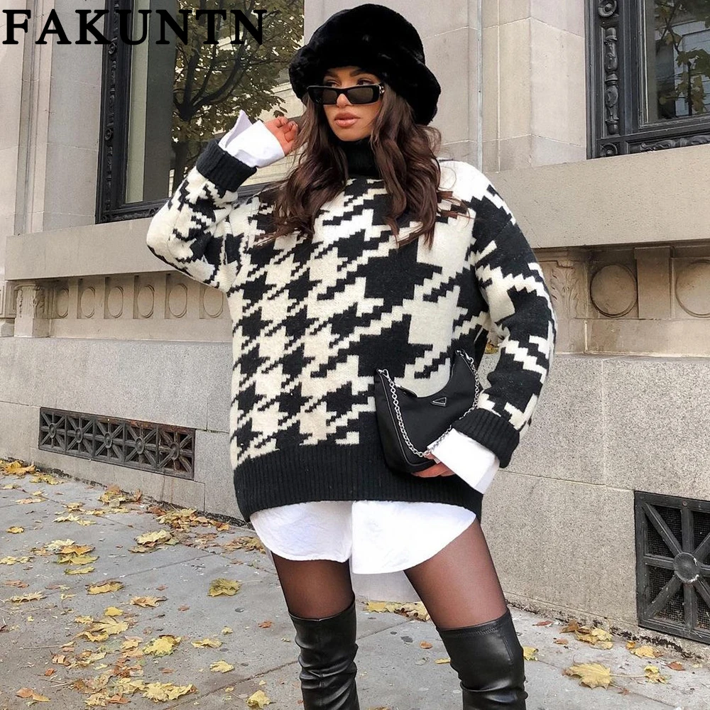 

FAKUNTN Knit Sweater Women Pullover 2021 Autumn Winter New Houndstooth turtleneck Long Sleeve Jumper Knitted Tops Women Sweater
