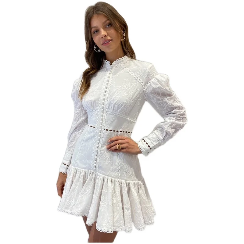 

High Quality Embroidery White Cotton and Line Mini Dress Spring Retro Puff sleeve Lace Deco Hollow out Pleated Holiday Dress