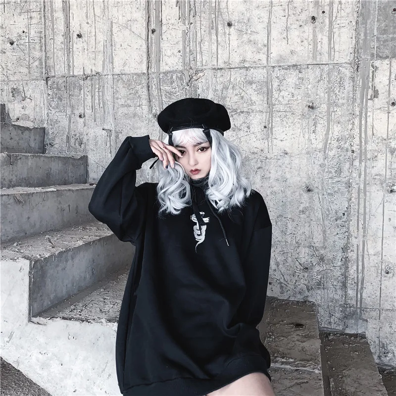 Готический Темный свитшот для женщин Harajuku крест змеиный принт длинный рукав свободный с капюшоном гранж-панк улица плюс бархат толстовки для женщин