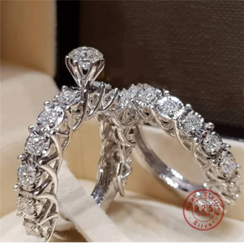 2pcs/lot Silver Double Rings Set Shiny Cubiz Zircon Stone Ring For Women Romantic Lovers Engagement Anniversary Wedding Jewelry | Украшения