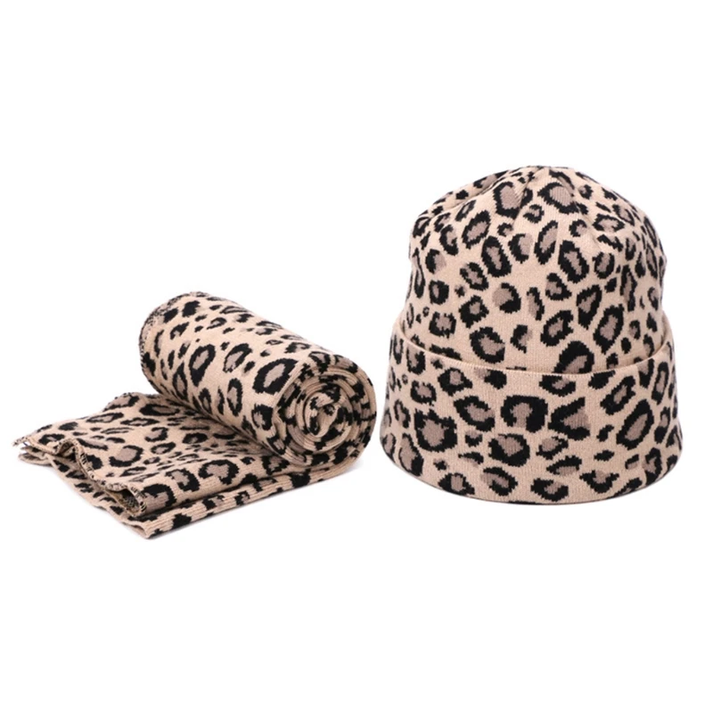 

2pcs Winter Women Wool Beanie Hat Scarf Set Leopard Printing Spots Sexy Outdoor Warm Hedging Caps for Girls