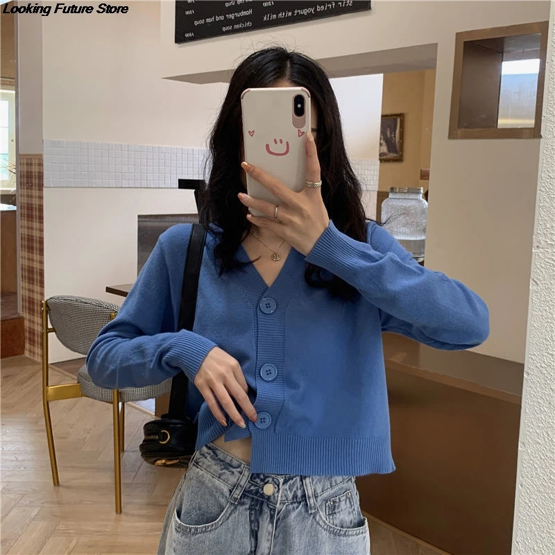 

Укороченный вязаный кардиган, женский короткий свитер в Корейском стиле, Кардиган с длинным рукавом и V-образным вырезом, зеленая Женская од...