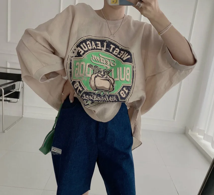 

Модная рубашка в Корейском стиле с мультяшным принтом, Женская шикарная хлопковая рубашка с длинными рукавами «летучая мышь» и круглым выр...