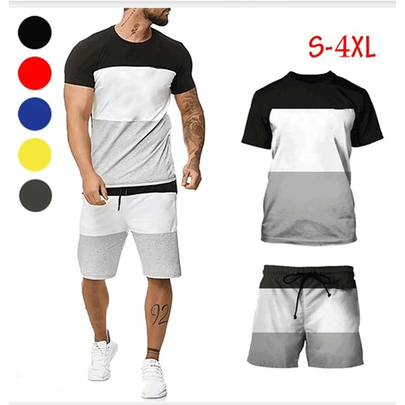 

2021 Summer New Amazon European and American Men's Personality Chest Stitching Casual Short-sleeved Sports Suit