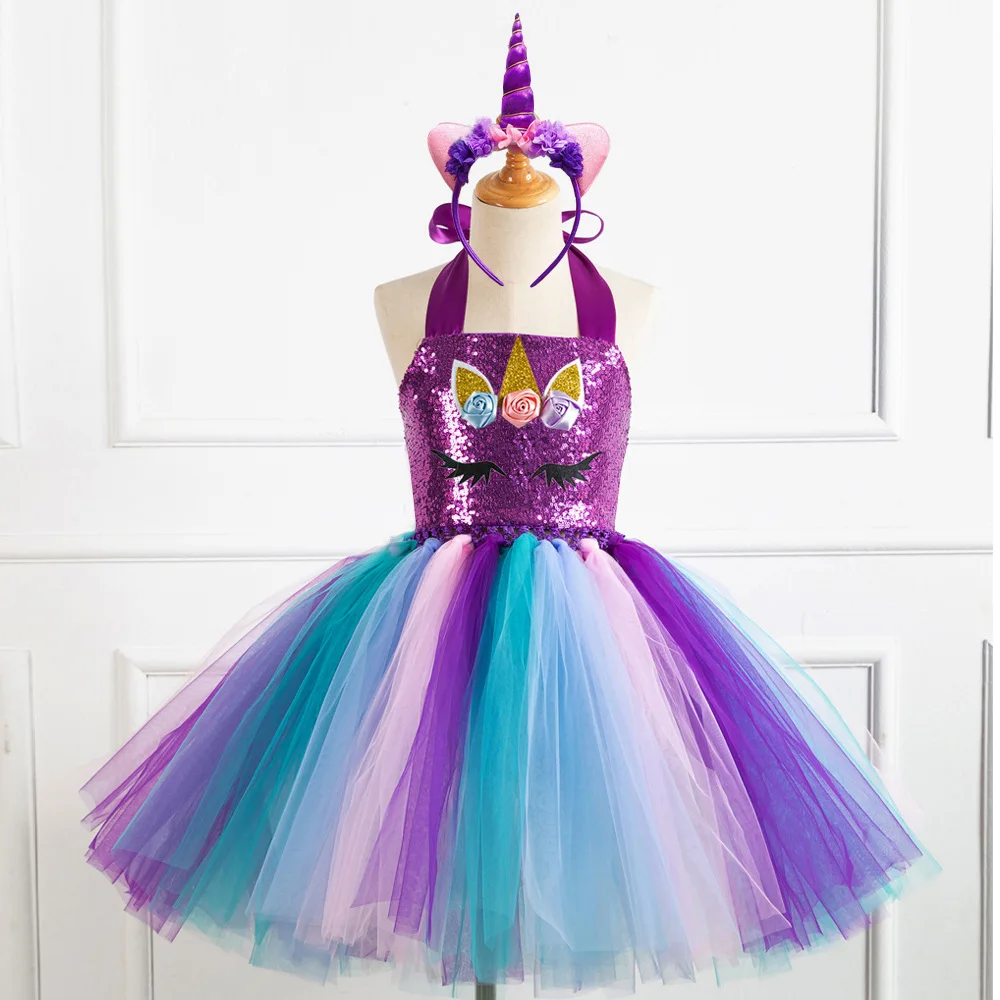 

Pastel Flower Girls Unicorn Tutu Dress Princess Girl Masquerade Birthday Party Dress Children Kids Purim Halloween Costume 1-12Y