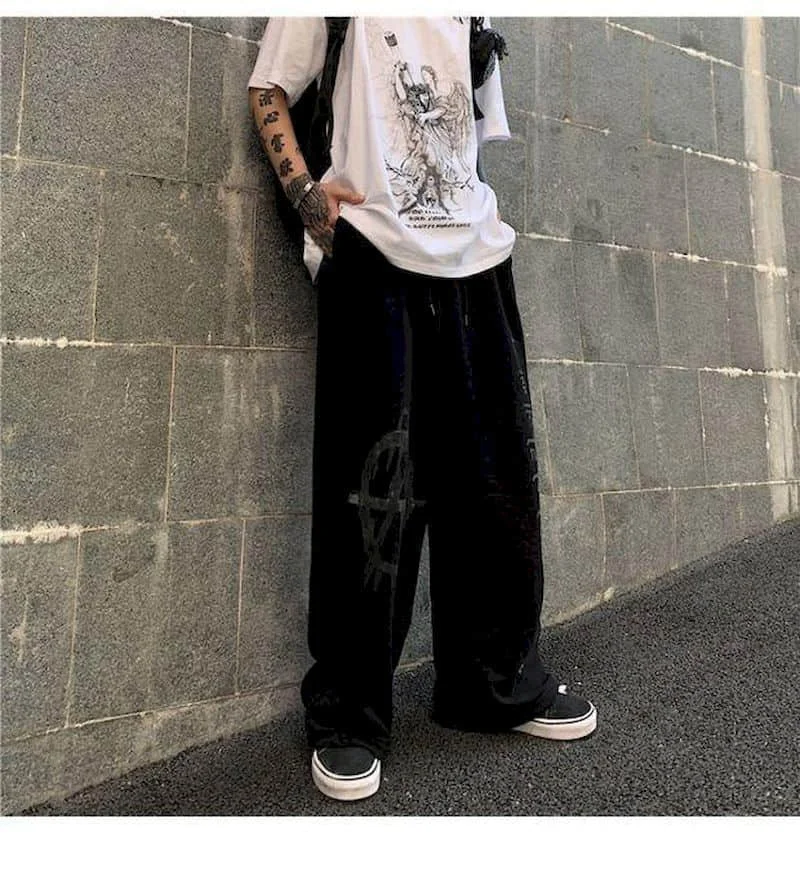 

NEW South Korean Pants Men Clothing Women Ins Retro Street Dark Graffiti Letters Drape Wide-leg Casual Pant Punk Gothic Sweatpan