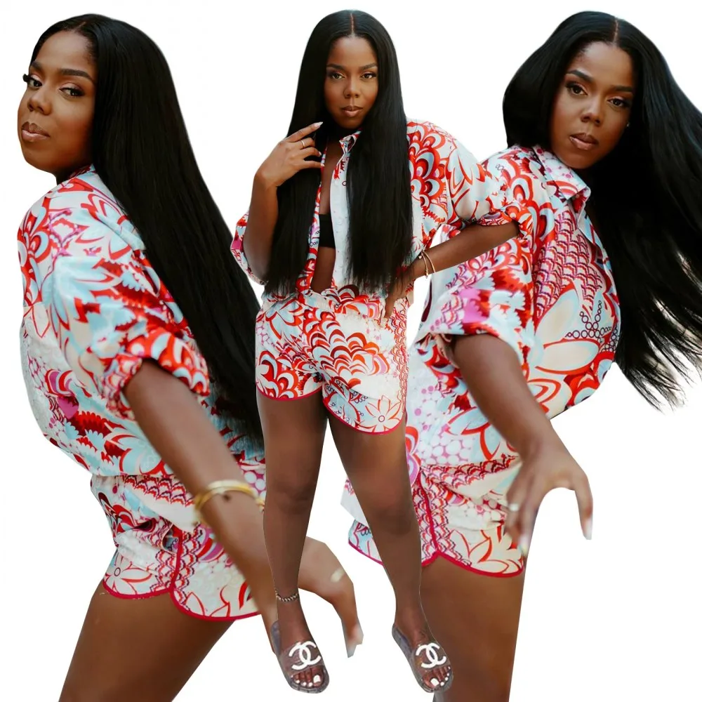 

Two Piece Set Women 2021 Summer New Dashiki Feather Shirt + Stretch Shorts Urban Sexy Shorts Suit Sportswear African Clothing