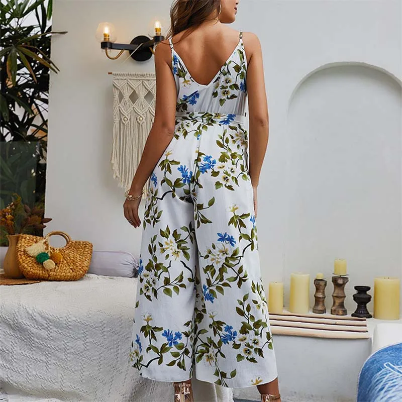 

2021 Summer Women Print Sleeveless Sling Jumpsuit Lace Sexy Deep V-Neck Split Beach Jumpsuit Loose Nine Pants Female Rompers