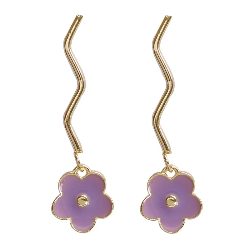 

Women Jewelry Earrings Single Wave Metal Wire With Purple Flower Earrings Sweet French Jewelry For Girl Femal Party Gifts