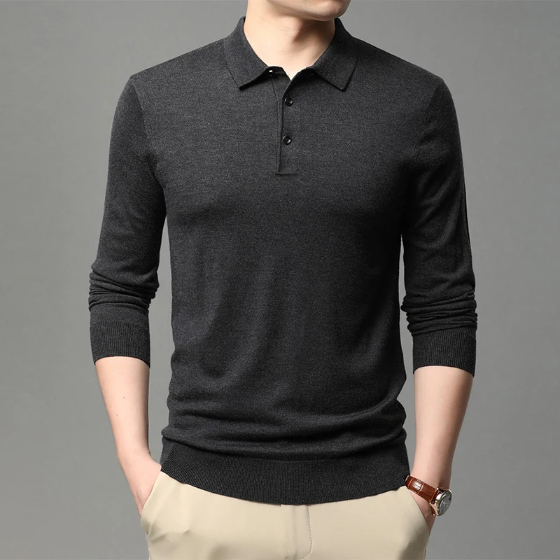 

2021 new spring and autumn Tops Tees men lapel solid color long-sleeved T shirt man business knitted T shirts 728287-1182