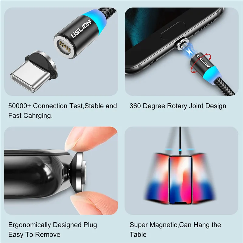 Магнитный кабель USLION USB Type-C Micro для iPhone 11 12 Xiaomi 2 м 3 А со светодиодной подсветкой