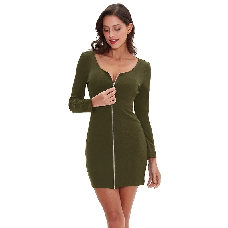 

Fashion Cotton Autumn Women Dress Casual Long Sleeve Full Zipper Elastic Bodycon Lady Dresses M30128