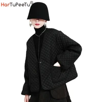 female argyle black jacket 2022 autumn winter loose women cotton padded coat korean style spring pockets v neck outwear