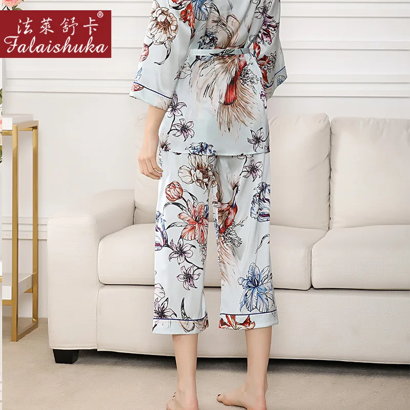 Elegant fresh flower 100% natural silk pajamas sets women sleepwear short sleeves+cropped trousers pure silk womens pyjamas