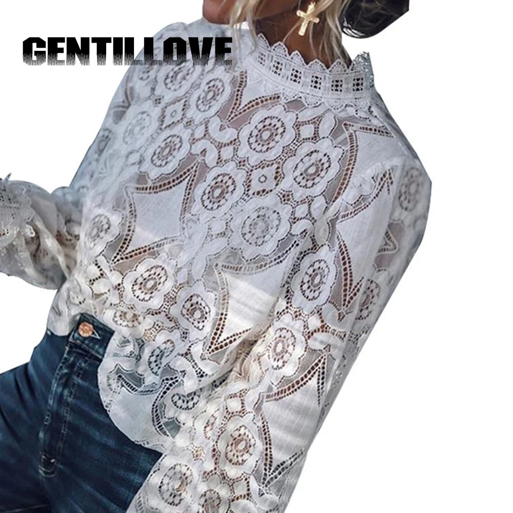 Женская блузка с длинным рукавом-фонариком белая кружевная вышивкой лето 2019 |