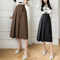 autumn irregular high waist one piece step mid length women black skirts formal button pleated skirt