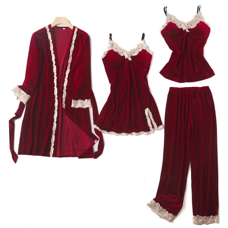 Сексуальный Пижамный костюм из 4 предметов кимоно халат повседневный бархатный