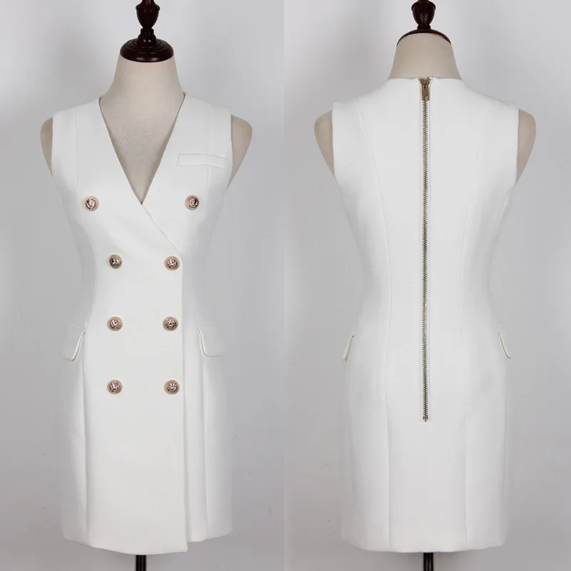 

2021 European Summer Classic Women's Slim Fit Solid Color Metal Button V-neck Sleeveless Vest Dress Commuter Fashion Good Match