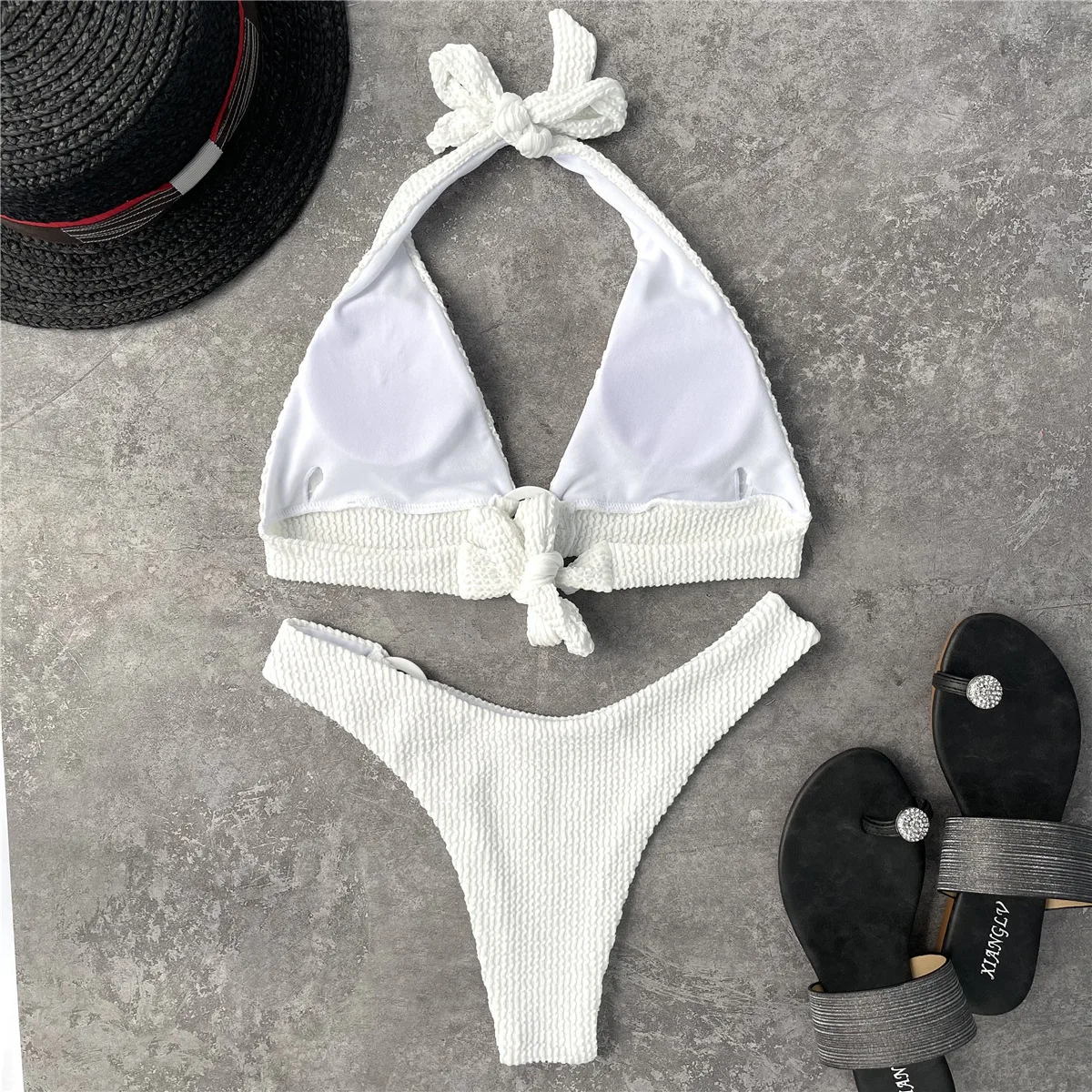 

White Swimsuit Two Piece Set Summer Women Halterneck O Ring Triangle Push Up Padded Bikini Set Woman Sexy Thong Swiming Suit