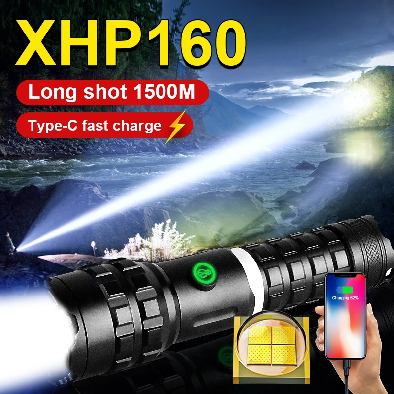 Супер яркий заряжаемый светодиодный фонарик XHP160 светильник фонарик с разъемом Usb Type-C, фонасветильник высокой мощности, тактический фонарь, фонарь для кемпинга и работы