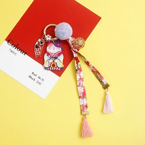 X696 1pcJapanese originalhandmade с вышитыми цветами Кот приносящий удачу Манеки Неко сумка для ключей подвеска с помпоном llaveros - Цвет: X696