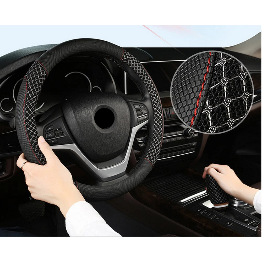 

3D Honeycomb Breathable Steering Wheel Cover Ice Silk Handle Cover Summer Sunscreen Leather Ice Silk Non-slip Three-piece
