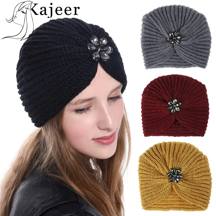 

KAJEER Winter Women Turban Caps Bohemian Wool Knit Bonnet Rhinestone Flower Cap Muslim Inner Hat Fashion Beanies Angora Turbante